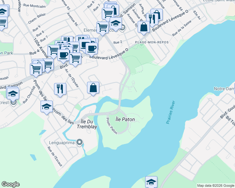 map of restaurants, bars, coffee shops, grocery stores, and more near 71 Promenade des Îles in Laval