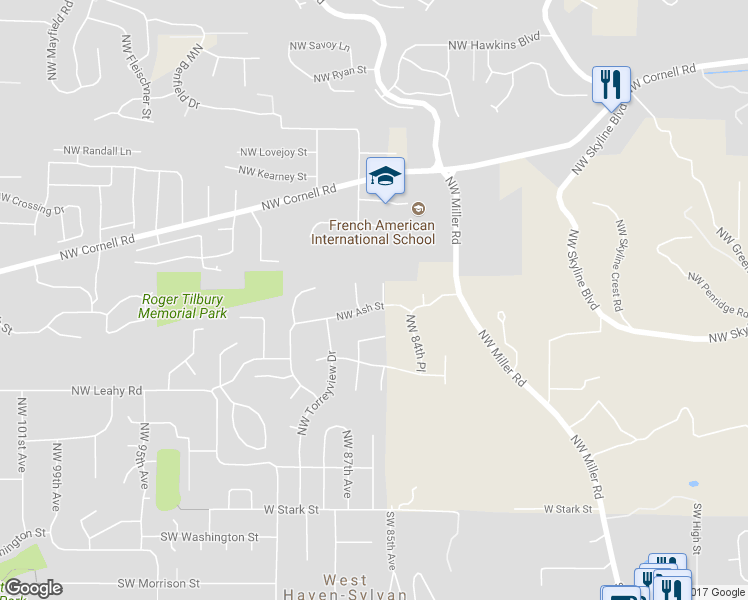 map of restaurants, bars, coffee shops, grocery stores, and more near 8635 Northwest Ash Street in Portland