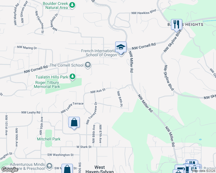 map of restaurants, bars, coffee shops, grocery stores, and more near 8635 Northwest Ash Street in Portland