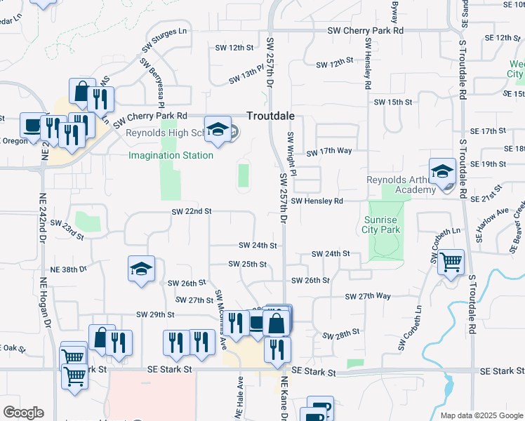 map of restaurants, bars, coffee shops, grocery stores, and more near 2045 Southwest 257th Drive in Troutdale