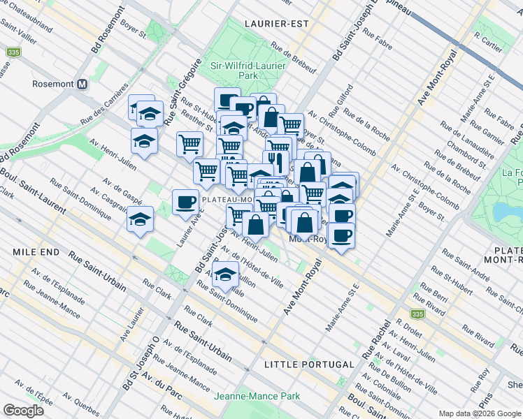 map of restaurants, bars, coffee shops, grocery stores, and more near 4843 Rue Saint-Denis in Montréal