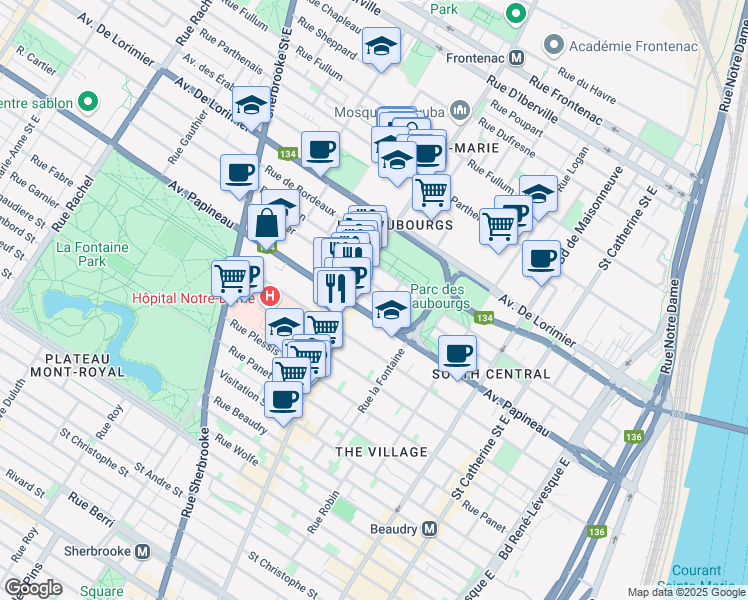 map of restaurants, bars, coffee shops, grocery stores, and more near 1921 Avenue Goulet in Montréal