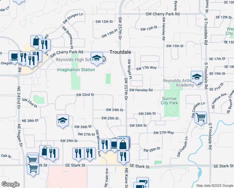 map of restaurants, bars, coffee shops, grocery stores, and more near 2045 Southwest 257th Drive in Troutdale