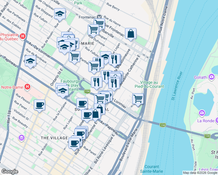 map of restaurants, bars, coffee shops, grocery stores, and more near 2160 Rue Laforce in Montrã©Al