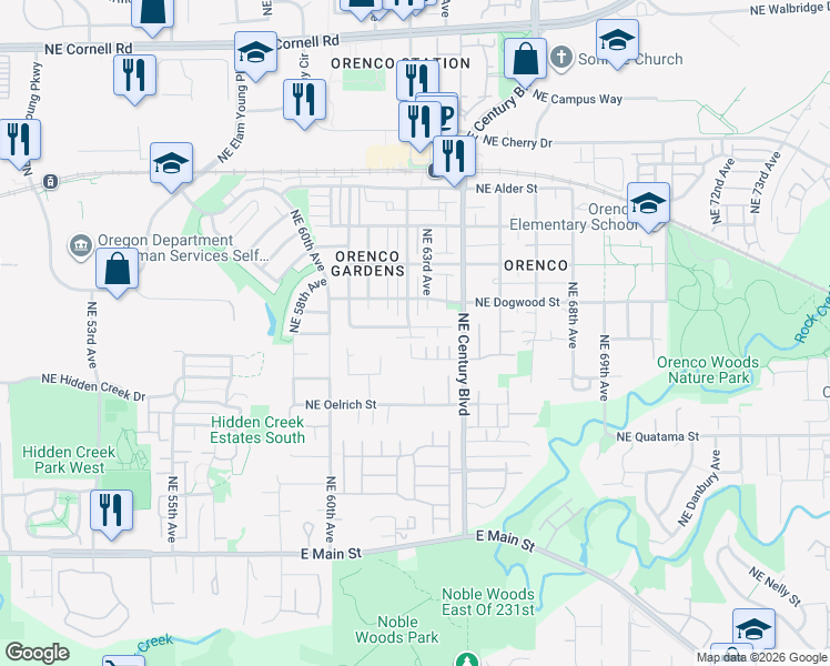 map of restaurants, bars, coffee shops, grocery stores, and more near 484 Northeast 63rd Way in Hillsboro