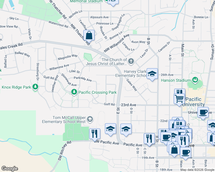 map of restaurants, bars, coffee shops, grocery stores, and more near 1402 Begonia Avenue in Forest Grove