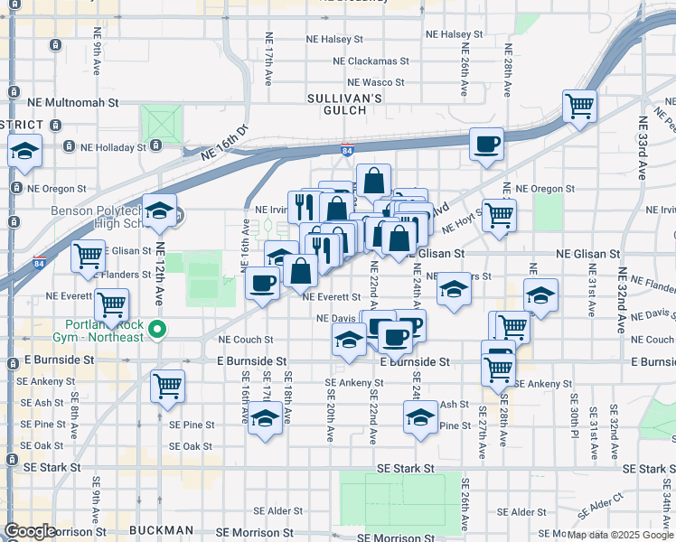 map of restaurants, bars, coffee shops, grocery stores, and more near 2141 Northeast Sandy Boulevard in Portland