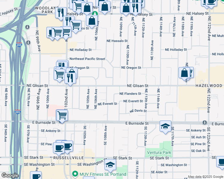 map of restaurants, bars, coffee shops, grocery stores, and more near 10834 Northeast Glisan Street in Portland