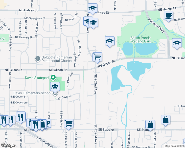 map of restaurants, bars, coffee shops, grocery stores, and more near 20108 Northeast Thompson Street in Fairview