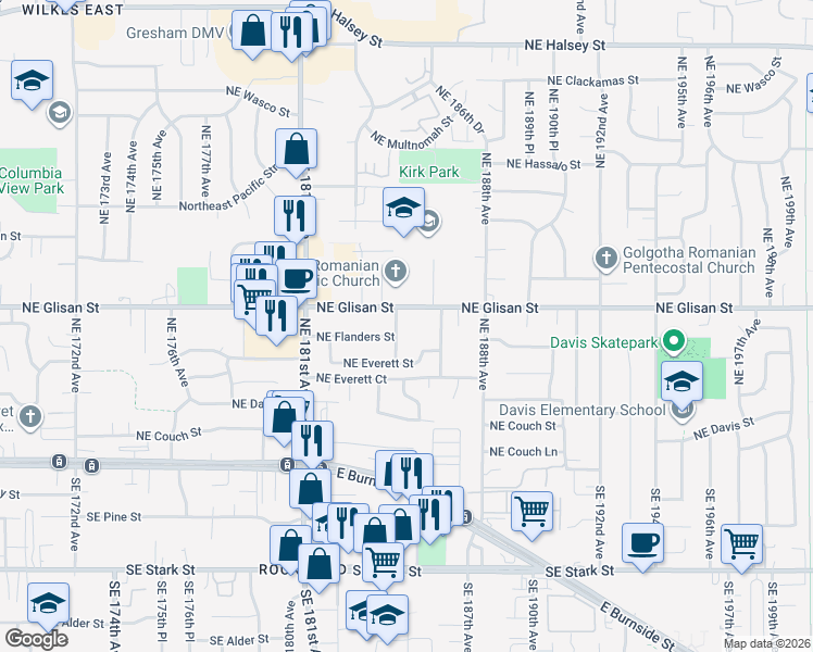 map of restaurants, bars, coffee shops, grocery stores, and more near 18427 Northeast Glisan Street in Portland