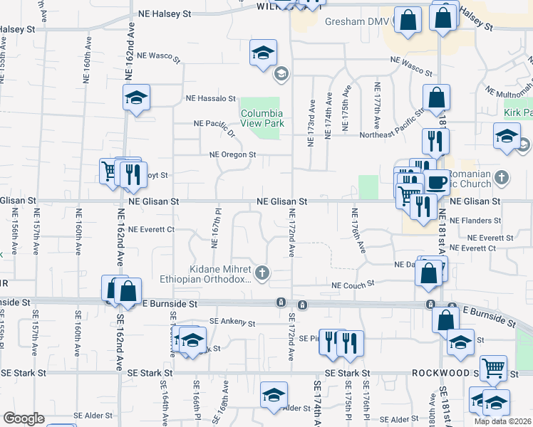 map of restaurants, bars, coffee shops, grocery stores, and more near 17111 Northeast Glisan Street in Portland