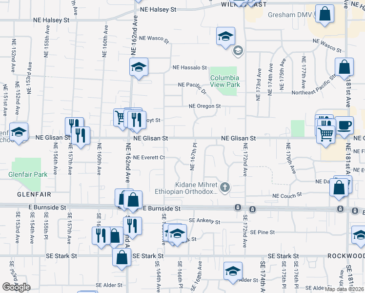 map of restaurants, bars, coffee shops, grocery stores, and more near 16701 Northeast Glisan Street in Portland