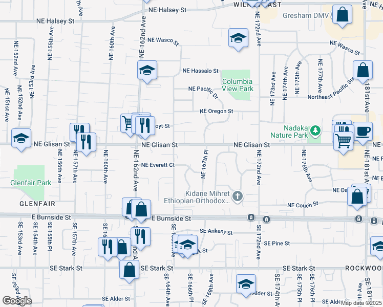 map of restaurants, bars, coffee shops, grocery stores, and more near 16701 Northeast Glisan Street in Portland