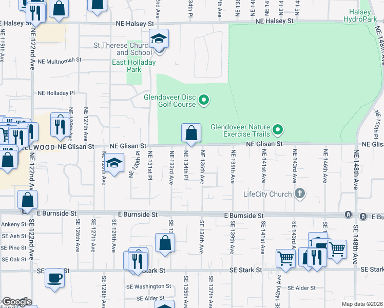 map of restaurants, bars, coffee shops, grocery stores, and more near 13500 Northeast Glisan Street in Portland