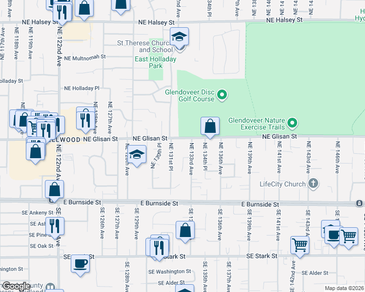 map of restaurants, bars, coffee shops, grocery stores, and more near 13145 Northeast Glisan Street in Portland