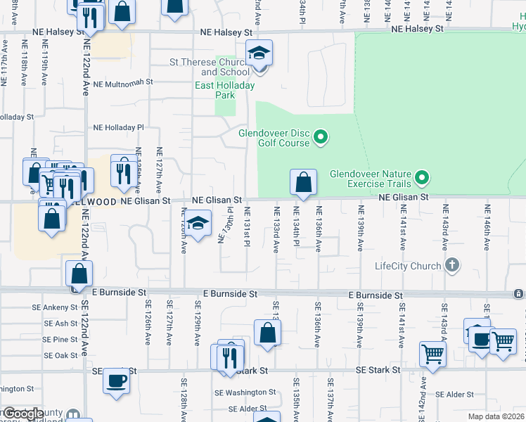 map of restaurants, bars, coffee shops, grocery stores, and more near 13145 Northeast Glisan Street in Portland