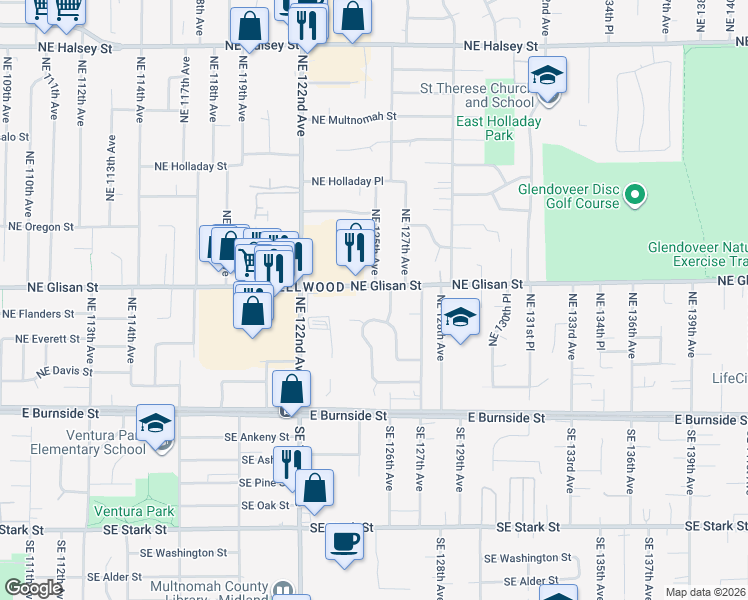map of restaurants, bars, coffee shops, grocery stores, and more near 12431 Northeast Glisan Street in Portland