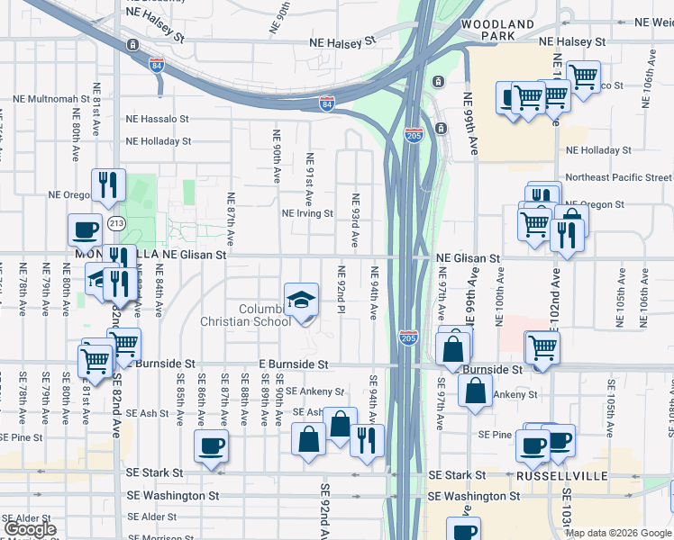 map of restaurants, bars, coffee shops, grocery stores, and more near 9265 Northeast Glisan Street in Portland