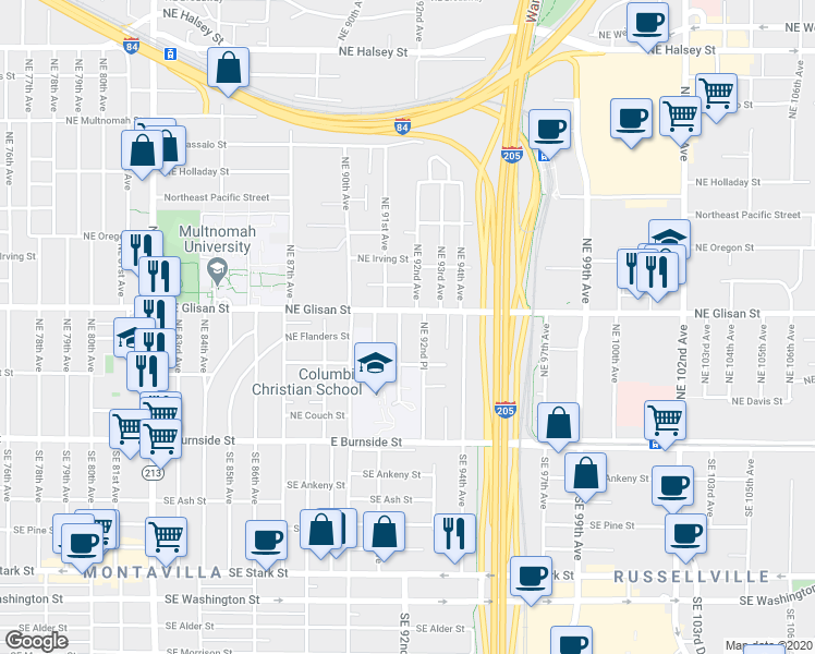map of restaurants, bars, coffee shops, grocery stores, and more near 9129 Northeast Glisan Street in Portland