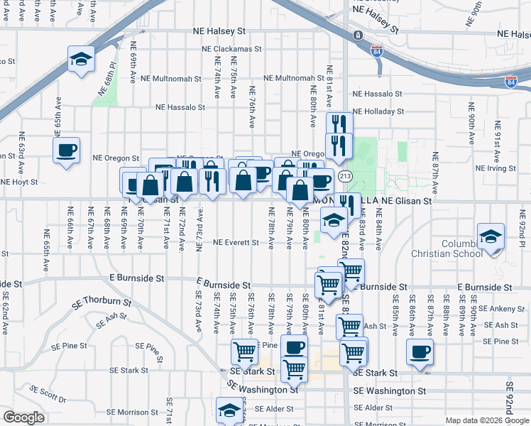 map of restaurants, bars, coffee shops, grocery stores, and more near Northeast Glisan Street in Portland