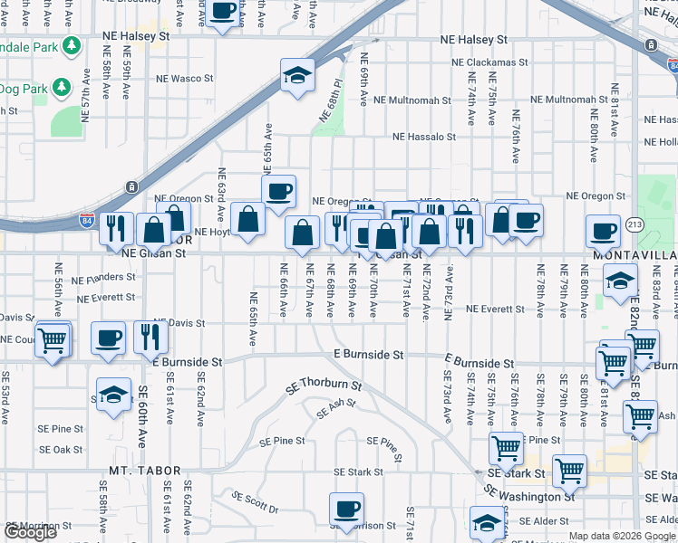 map of restaurants, bars, coffee shops, grocery stores, and more near 6805 Northeast Glisan Street in Portland