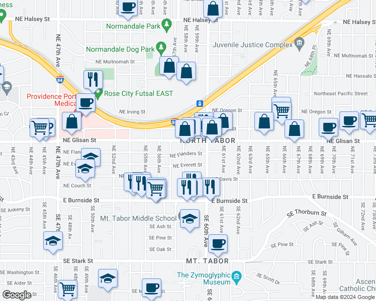 map of restaurants, bars, coffee shops, grocery stores, and more near 5755 Northeast Glisan Street in Portland
