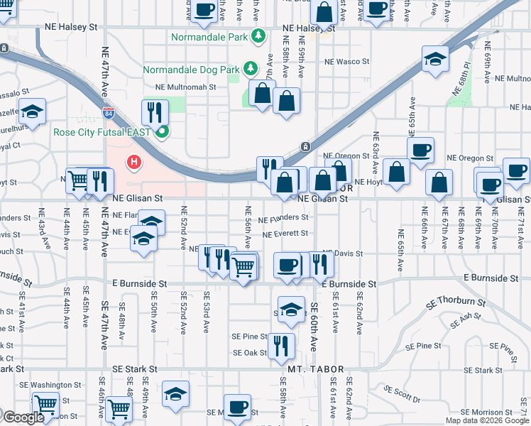 map of restaurants, bars, coffee shops, grocery stores, and more near 5634 Northeast Glisan Street in Portland