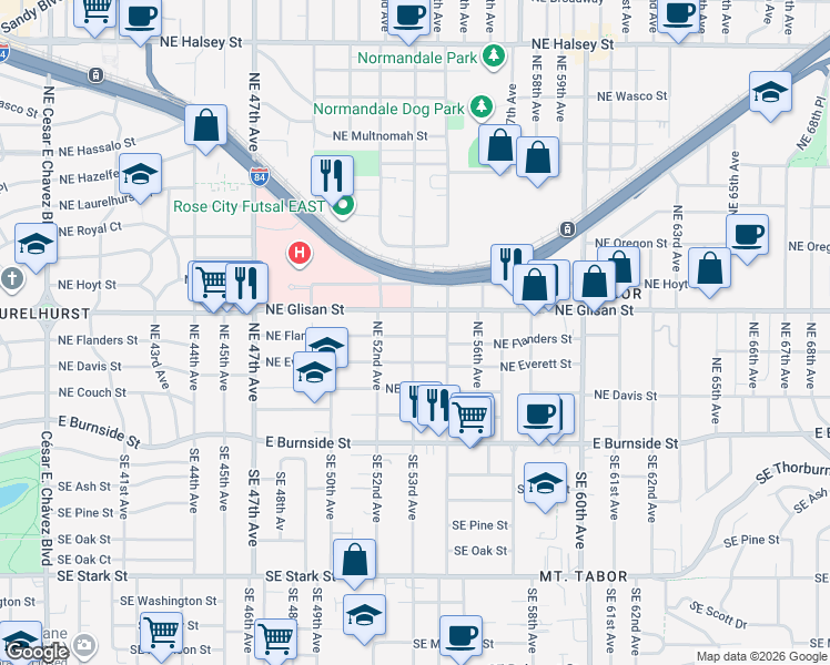map of restaurants, bars, coffee shops, grocery stores, and more near 5301 Northeast Glisan Street in Portland