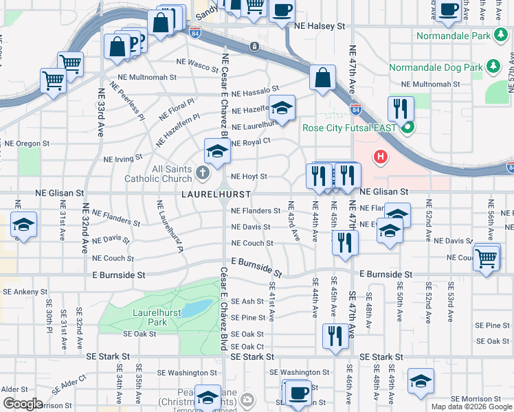map of restaurants, bars, coffee shops, grocery stores, and more near 4131 Northeast Glisan Street in Portland