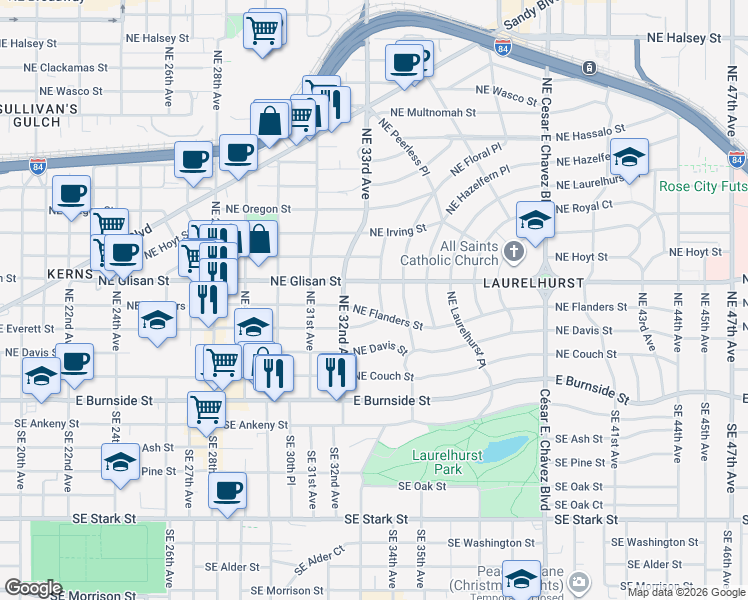 map of restaurants, bars, coffee shops, grocery stores, and more near 3229 Northeast Glisan Street in Portland