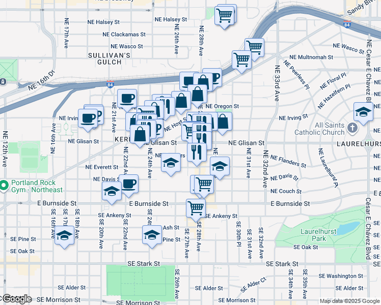 map of restaurants, bars, coffee shops, grocery stores, and more near 511 Northeast Lawrence Avenue in Portland