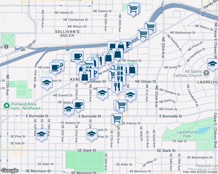 map of restaurants, bars, coffee shops, grocery stores, and more near 511 Northeast Lawrence Avenue in Portland