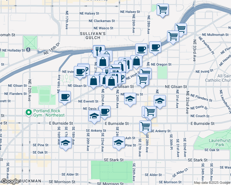 map of restaurants, bars, coffee shops, grocery stores, and more near in Portland