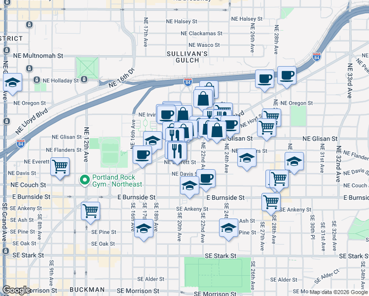 map of restaurants, bars, coffee shops, grocery stores, and more near 2141 Northeast Sandy Boulevard in Portland