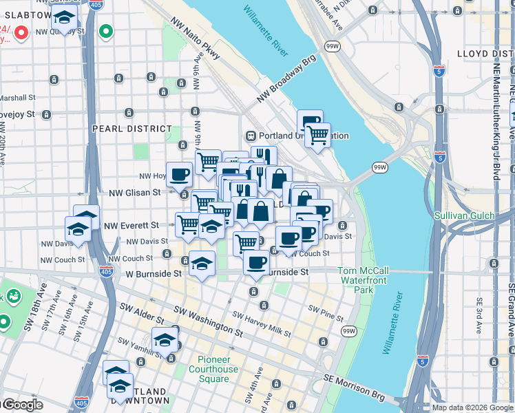 map of restaurants, bars, coffee shops, grocery stores, and more near in Portland