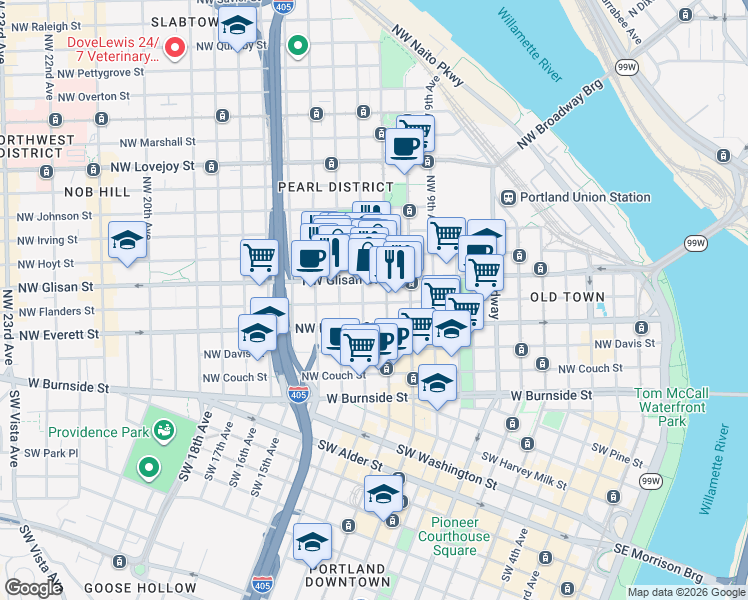 map of restaurants, bars, coffee shops, grocery stores, and more near 512 Northwest 12th Avenue in Portland