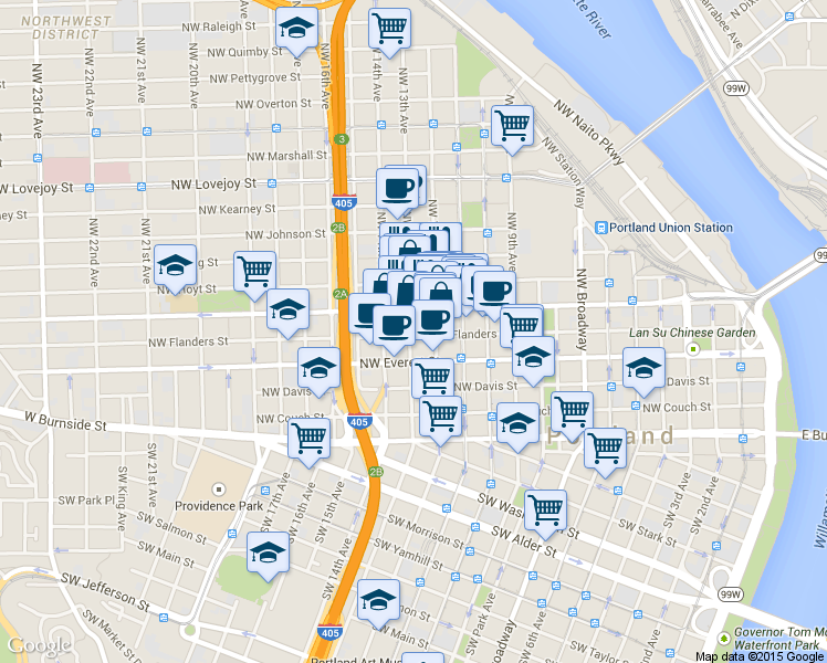 map of restaurants, bars, coffee shops, grocery stores, and more near 512 Northwest 12th Avenue in Portland