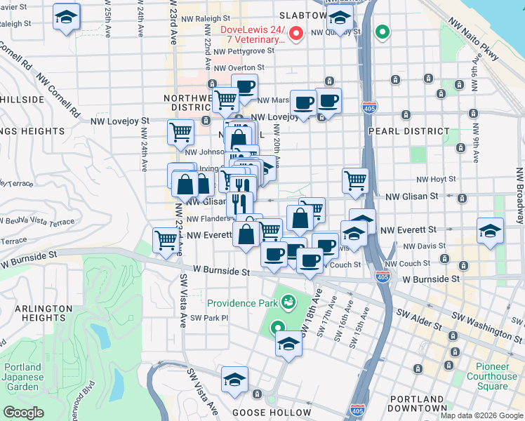 map of restaurants, bars, coffee shops, grocery stores, and more near 2075 Northwest Glisan Street in Portland