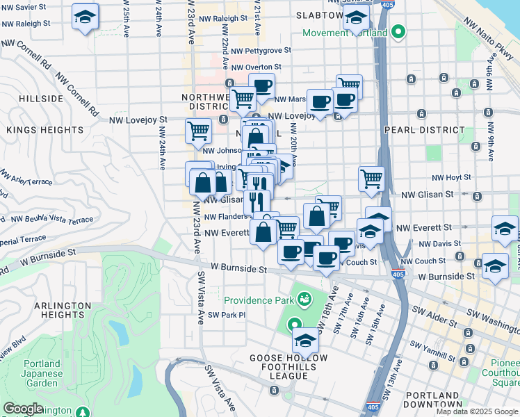 map of restaurants, bars, coffee shops, grocery stores, and more near 2075 Northwest Glisan Street in Portland
