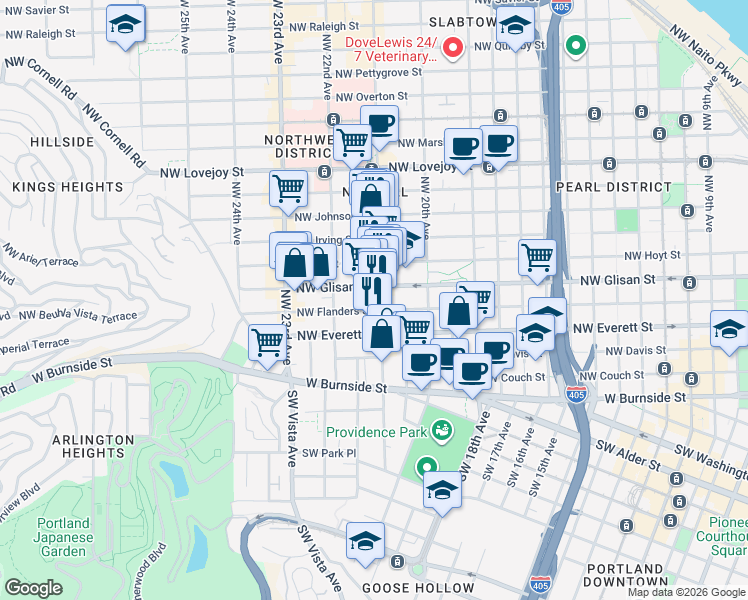 map of restaurants, bars, coffee shops, grocery stores, and more near 2075 Northwest Glisan Street in Portland