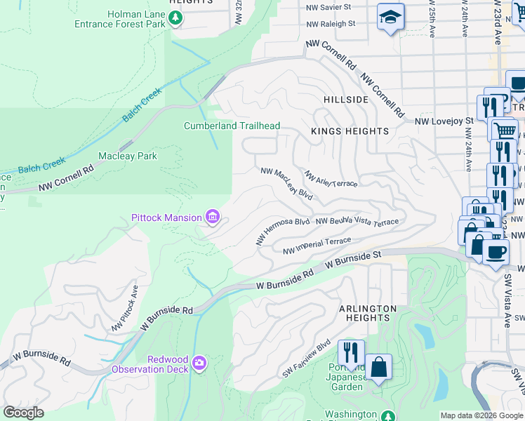 map of restaurants, bars, coffee shops, grocery stores, and more near 3039 Northwest Monte Vista Terrace in Portland