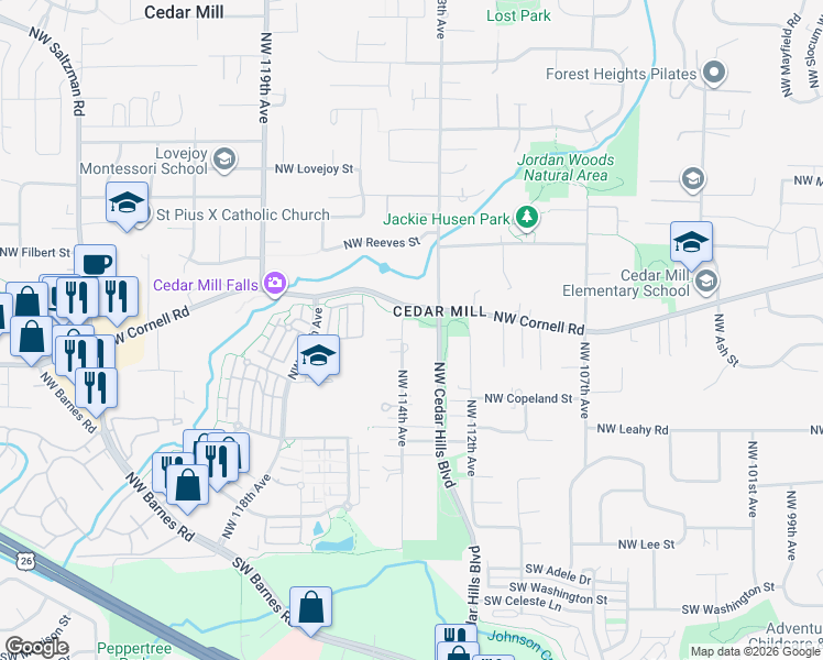 map of restaurants, bars, coffee shops, grocery stores, and more near 11395 Northwest Cornell Road in Portland