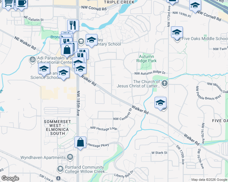 map of restaurants, bars, coffee shops, grocery stores, and more near 17965 Northwest Waterfield Court in Beaverton