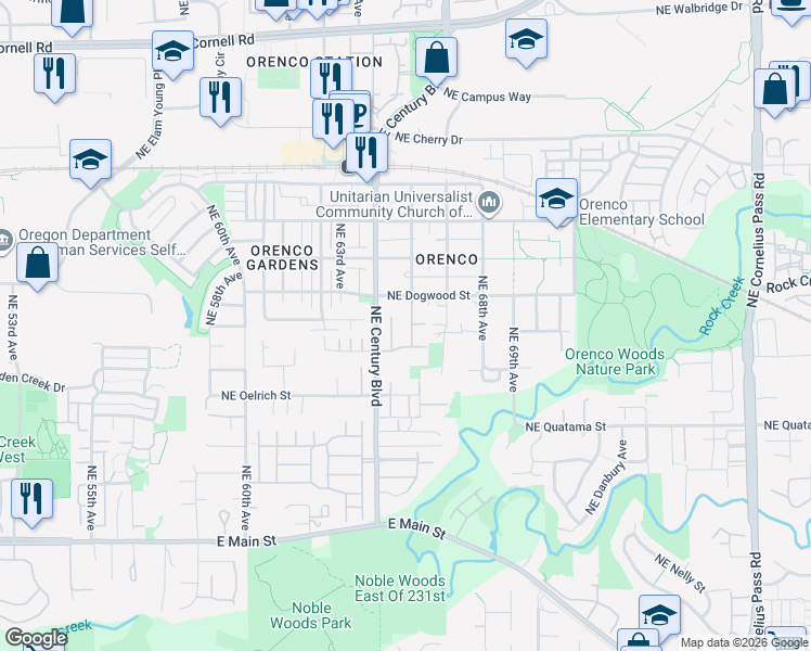 map of restaurants, bars, coffee shops, grocery stores, and more near 6620 Northeast Dogwood Street in Hillsboro