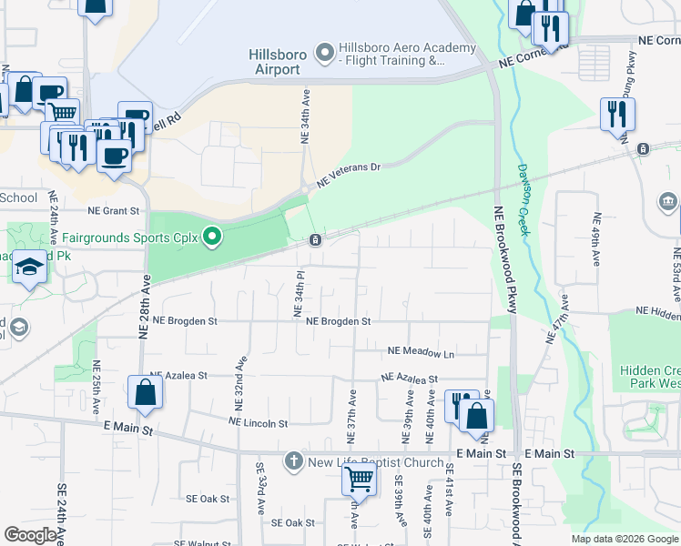 map of restaurants, bars, coffee shops, grocery stores, and more near 491 Northeast 37th Avenue in Hillsboro