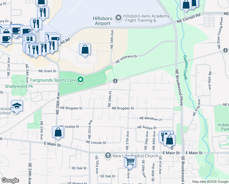 map of restaurants, bars, coffee shops, grocery stores, and more near 601 Northeast 34th Avenue in Hillsboro