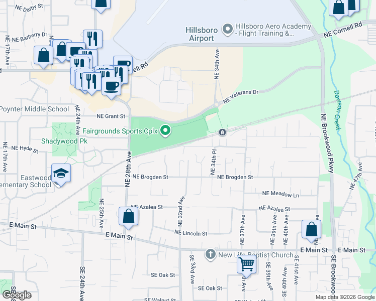 map of restaurants, bars, coffee shops, grocery stores, and more near 3343 Northeast Olympic Street in Hillsboro