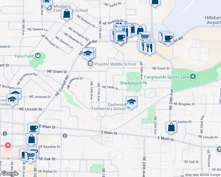 map of restaurants, bars, coffee shops, grocery stores, and more near 1946 Northeast Laura Court in Hillsboro