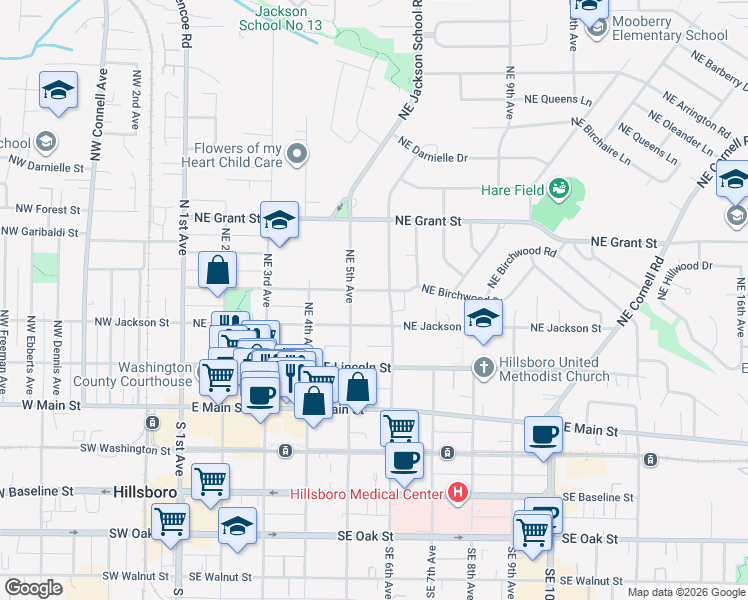 map of restaurants, bars, coffee shops, grocery stores, and more near 525 Northeast Edison Street in Hillsboro