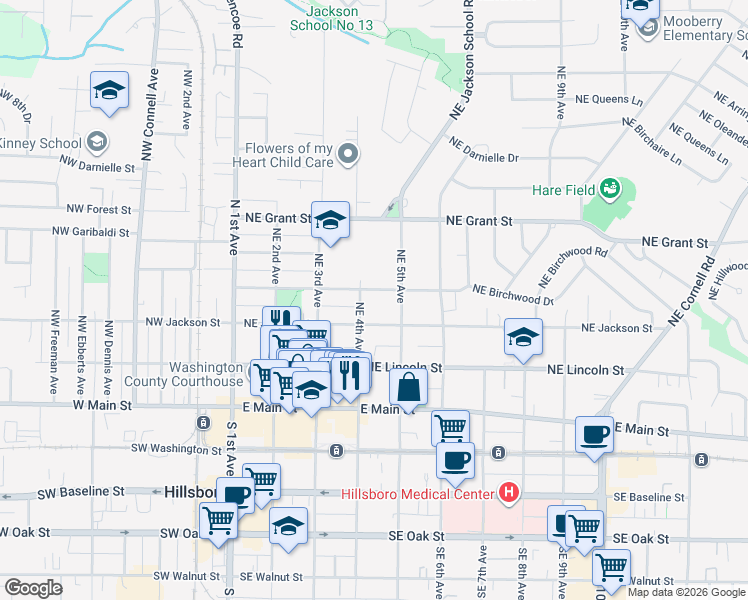 map of restaurants, bars, coffee shops, grocery stores, and more near 433 Northeast Edison Street in Hillsboro